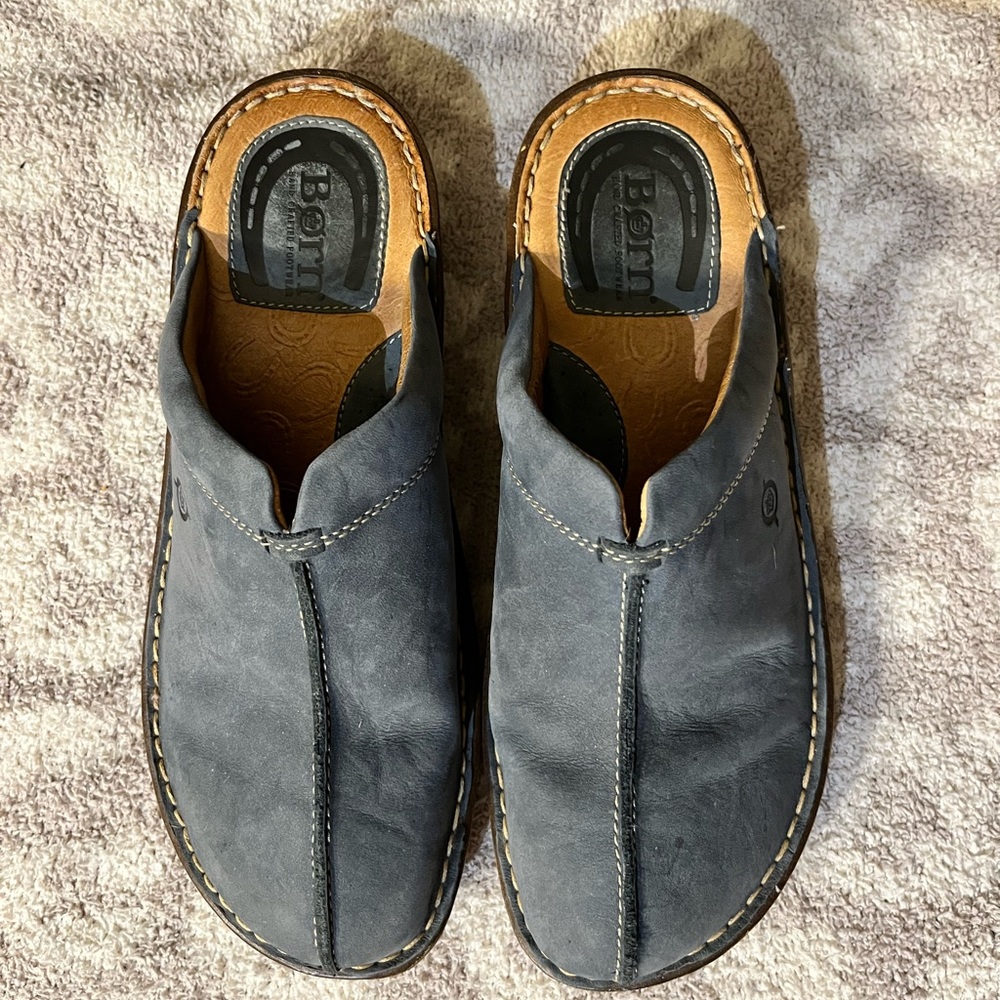 Born slides, muted blue color, brown leather soles, skid resistant